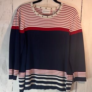 Alfred Dunner Navy and Red Striped Top 3/4 sleeve